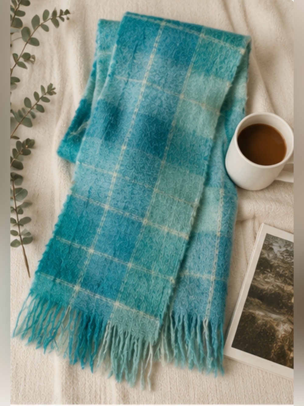 Vintage Made in Scotland 70% Mohair 30% Wool Plaid Fringe Scarf Turquoise Teal - Picture 2 of 6